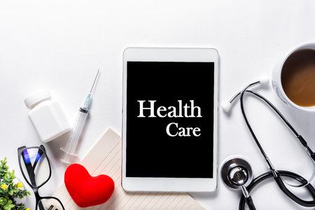 Flat lay aerial of tools medical & Healthcare insurance background conceptの写真素材