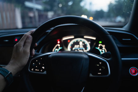 interior the car, steering wheel at night