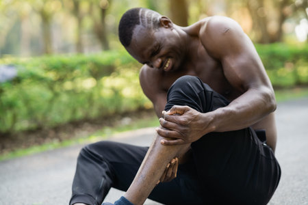 African runner man sitting on jogging track and feeling pain in his leg, copy space. Sports injury...