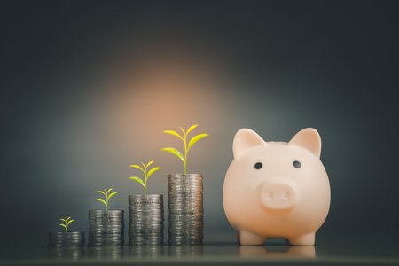Rows of stacking coins with PiggyBank, Business Finance and Money concept,Save money for prepare the...