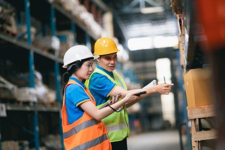 Young Asian woman worker using barcode scanner checking goods and box shelf stock in the warehouse...