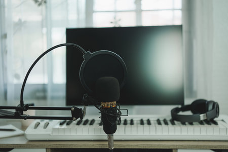 Home music studio condenser studio microphone, piano and white headphone for mixing production song....