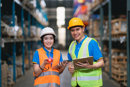 Portrait of young asian woman and man worker teammate using barcode scanner and smiling checking...