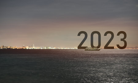 Happy new year 2023 boat on sea city night light success concept,  island sea cityscape at night...