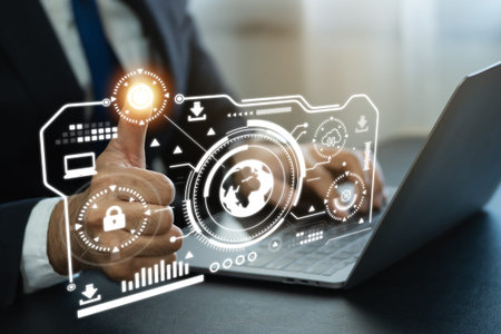 Business man point thumb up finger touching digital virtual screen power on digital transformation...