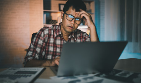 Asian freelance man having stressful depression sad time working on laptop home night. Depression man sad serios working from home. Man wearing plaid shirt red is rushing work overtime for deadline.の写真素材