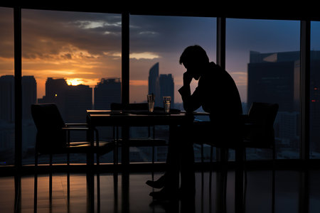 Silhouette Business man hand over head having stressful depression sad time while working on laptop at home. Depression man sad serios working from home. Generative by AI.の素材