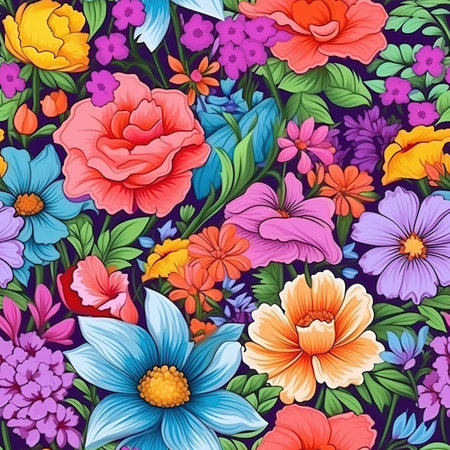 Colorful floral seamless pattern background colorful. Blooming flowers cartoon style. Embrace nature beauty charmingly seamless ways. Cute feminine seamless pattern with wildflowerの素材