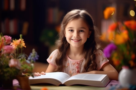 Cute children baby girl smiling and reading book in living room at home night lighting. Education learning at home concept. Generative by AI.の素材