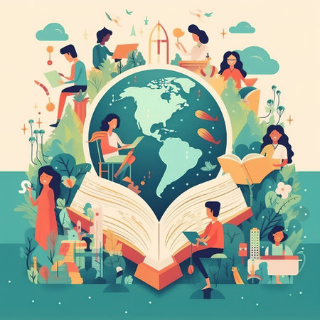 Literacy Day with People celebrate Literacy Day by reading books on the Earth. flat vector illustration. illustration vector isolated on white background. Generative by AI.の素材