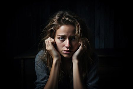 Generative by AI. Sad woman suffering depression insomnia awake and sit alone in the dark room. sexual harassment and violence against women, health concept.の素材