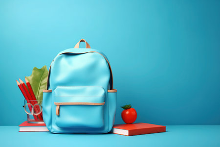 Back to school concept on blue background. Modern school bag, books, accessories and colorful pencils with abacus 3D Render 3D Illustration. Genrative by AI.の素材