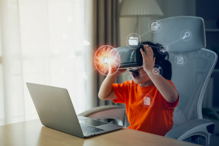 Asian girl children smile and play VR game, 3D divice new innovation glasses and touch virtual screen icon AI technology for entertain at home, Girl joyful in house. Metaverse VR technology concept.の写真素材