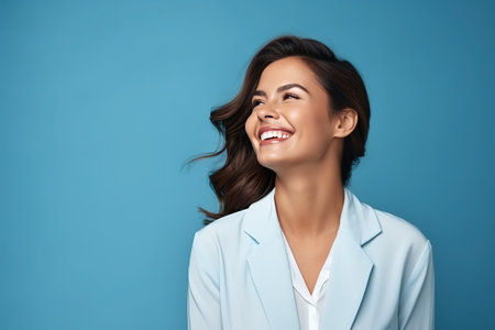 Happy young woman curly hair. smiling and laughing, she is happy in isolated studio with bright solid background light. Generated by AI.の素材