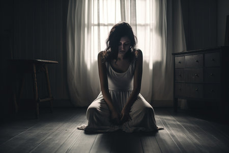 Generative by AI. Sad woman suffering depression insomnia awake and sit alone in the living room. sexual harassment and violence against women, health concept.の素材