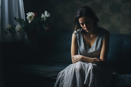 Generative by AI. Sad woman suffering depression insomnia awake and sit alone in the living room. sexual harassment and violence against women, health concept.の素材