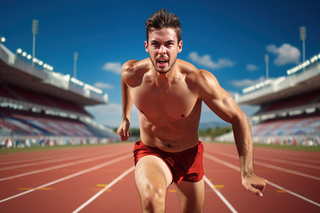 Athlete sportman runner training run on lane at the stadium in morning. Runner man wearing white vest to practice running prepare for competition race. Sport concept. Generative by AI.の素材