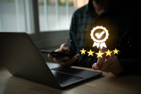 Man using mobile virtual icon providing five-star premium service. Using smart phone showing award...