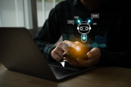 Businessman use smartphone mobile phone with digital chatbot, chat GPT, robot application,...