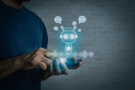 Businessman use smartphone mobile phone with digital chatbot, chat GPT, robot application,...