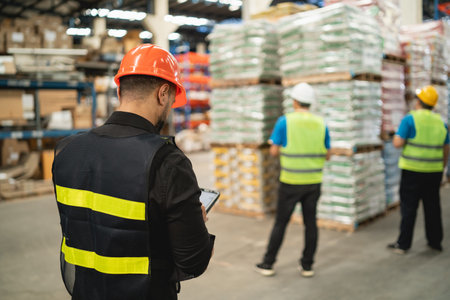 Back side. Professional manager man employee using tablet check stock working at warehouse. Worker...