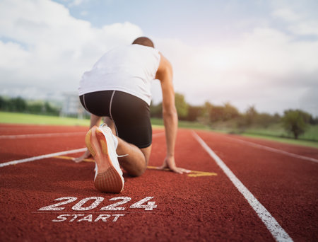 Happy new year 2024 Sport man runner running into the new year 2024. Start up of close up foot shoes jogging at stadium go to Goal of Success. Runner running Start to goal to success.の写真素材