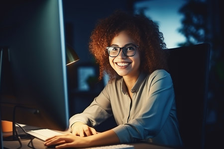 Beautiful young woman curly blonde hair using conputer laptop in the office and smiling. Portrait of a successful happy business women in modern glasses on a light background of a minimalistic office.の素材