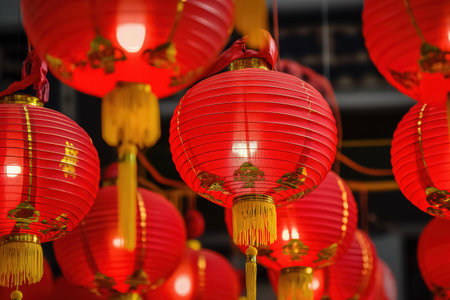 Red Chinese Paper Lanterns. Chinese new year lanterns in China town area or temples.の素材