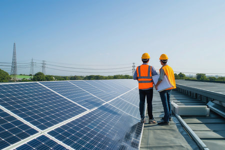 The technicians engineer service yearly preventive maintenance solar cells on roof factory under morning sunlight. The concept of green and clean energy. Production of renewable energy concept.の素材