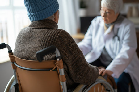 Back side view. Elderly woman consult with doctor about treatment and giving hope. Woman caretaker in white coat supporting encouraging old person. World Cancer Day Concept.の素材