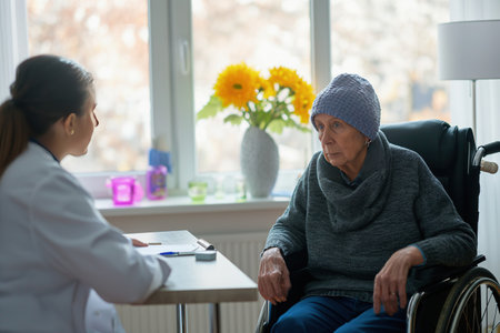 Elderly woman consult with doctor about treatment and giving hope. Woman caretaker in white coat supporting encouraging old person. World Cancer Day Concept.の素材