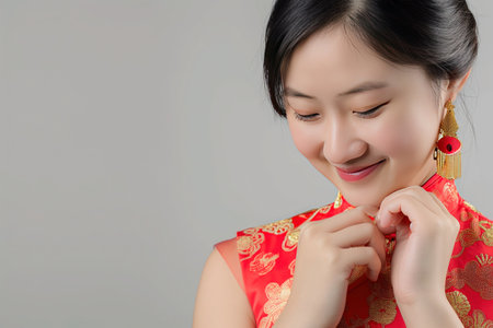 Portrait photography. Asian Chinese woman smiling in traditional cheongsam qipao dress on White or grey background. Chinese new year festival concept.の素材