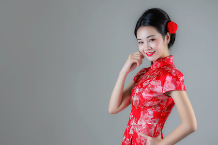 Portrait photography. Asian Chinese woman smiling in traditional cheongsam qipao dress on White or grey background. Chinese new year festival concept.の素材