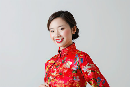 Portrait photography. Asian Chinese woman smiling in traditional cheongsam qipao dress on White or grey background. Chinese new year festival concept.の素材