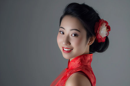 Portrait photography. Asian Chinese woman smiling in traditional cheongsam qipao dress on White or grey background. Chinese new year festival concept.の素材