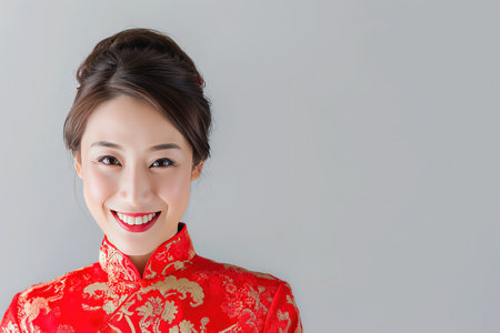 Portrait photography. Asian Chinese woman smiling in traditional cheongsam qipao dress on White or grey background. Chinese new year festival concept.の素材