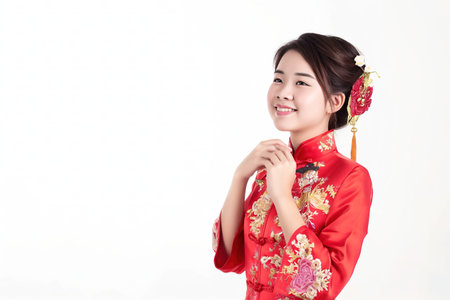 Portrait photography. Asian Chinese woman smiling in traditional cheongsam qipao dress on White or grey background. Chinese new year festival concept.の素材