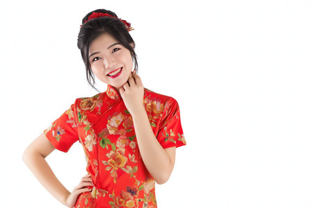 Portrait photography. Asian Chinese woman smiling in traditional cheongsam qipao dress on White or grey background. Chinese new year festival concept.の素材