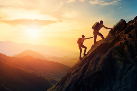 Silhouette two people helping each other hike up a mountain at sunrise or sunset. Giving a helping hand. Travel hiking journey concept.の素材
