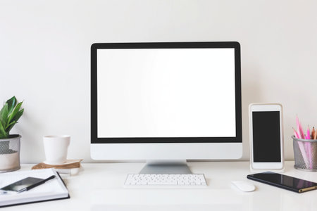 Office Desk with Laptop, hot coffee and Communication Devices on Screen, copy space on white color background.の素材