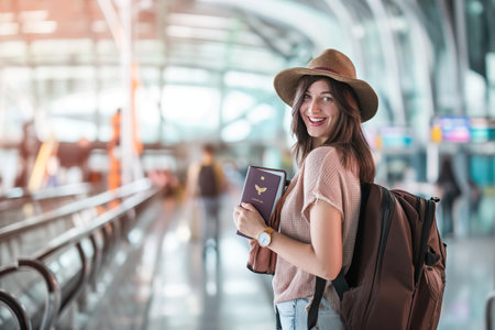 Young Europe tourist passenger woman smiling wearing hat and holding luggage, passport and shoulder bag to travel on holidays in the airport background.の素材