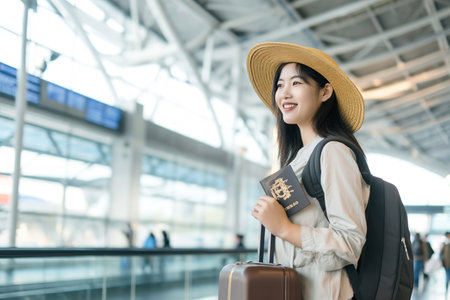 Young Asian tourist passenger woman smiling wearing hat and holding luggage, passport and shoulder bag to travel on holidays in the airport background.の素材