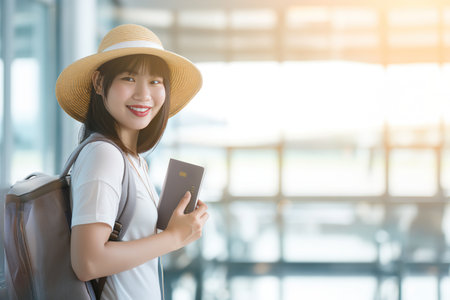 Young Asian tourist passenger woman smiling wearing hat and holding luggage, passport and shoulder bag to travel on holidays in the airport background.の素材