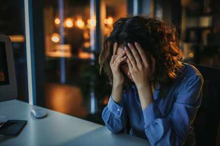 Depressed sadly serious asian business woman having stressful depression sad time working on laptop on office table. Depression woman sad series mental health from working concept.の素材