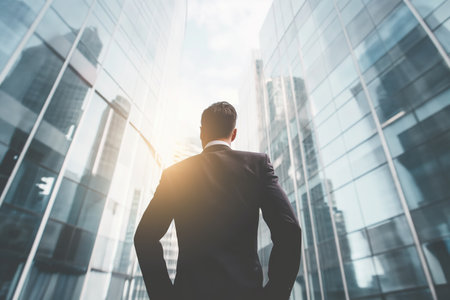 View from behind back. Male businessman standing looking at a large building with glass. Concept of success, work, vision, thinking, strategy, planning, achieving goals.の素材