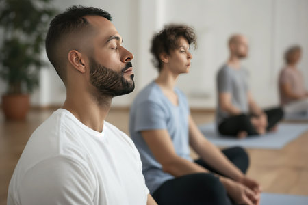 Group meditation in a serene yoga studio. Join men and women as engage in breath exercises, meditating with closed eyes. Power of breathwork for relaxation and inner peace. Created with Generative AI.の素材