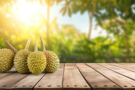 Fresh fruit durian on wood floor table with durian plantation background. King of fruit in thailand. Golden durian fruits concept.の素材