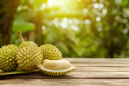 Fresh fruit durian on wood floor table with durian plantation background. King of fruit in thailand. Golden durian fruits concept.の素材