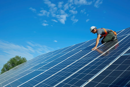 The technicians engineer service yearly preventive maintenance solar cells on roof factory under morning sunlight. The concept of green and clean energy. Production of renewable energy concept.の素材