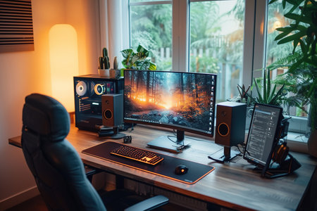 A cozy home office setup featuring dual monitors, speaker system, and ambient lighting with a view of greenery outside.の素材